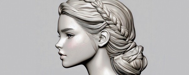 Fototapeta premium Elegant profile illustration of a feminine figure with intricate braided hairstyle and subtle facial features, showcasing a blend of beauty and artistry in monochrome.