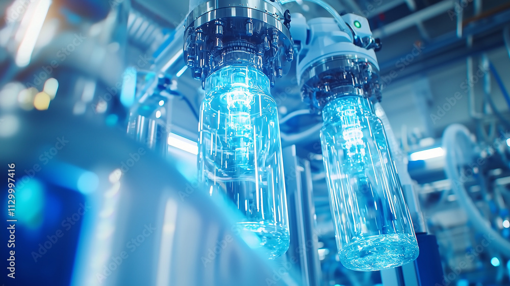 Poster Robotic arms operate in high tech laboratory, handling glass containers with precision and efficiency. blue lighting highlights advanced technology and sterile environment