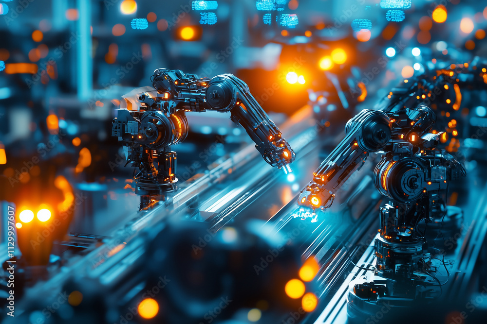 Poster Robotic arms work efficiently on busy production line, illuminated by bright lights, showcasing advanced automation technology in modern industrial setting