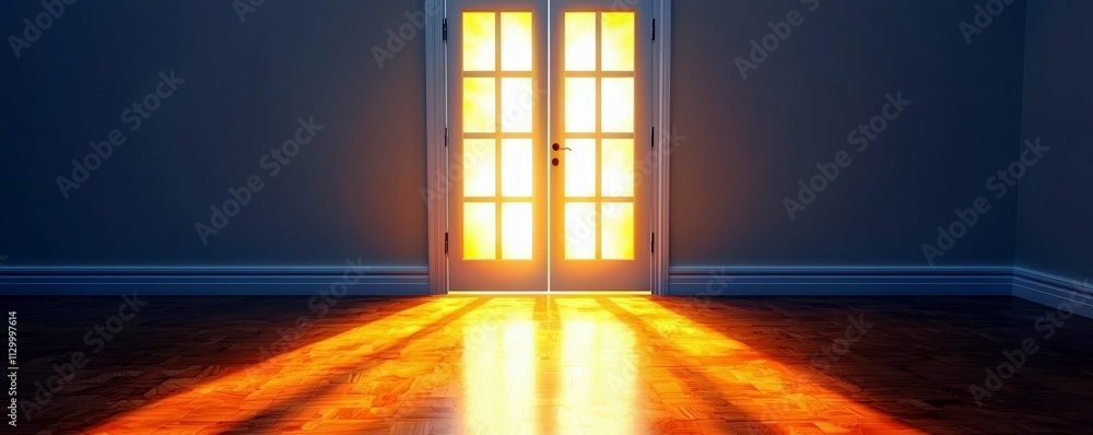 Poster bright sunlight streaming through open double doors illuminating empty room with wooden floor and sh