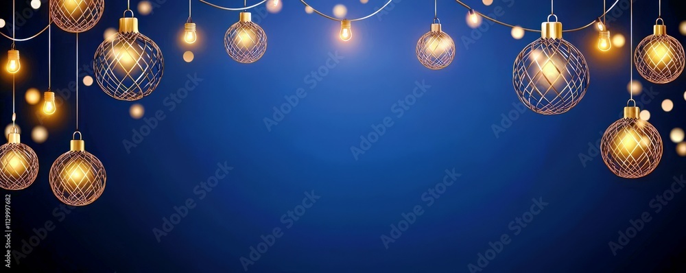 Poster elegant string lights with glowing orbs hanging against a deep blue background, creating a warm and 