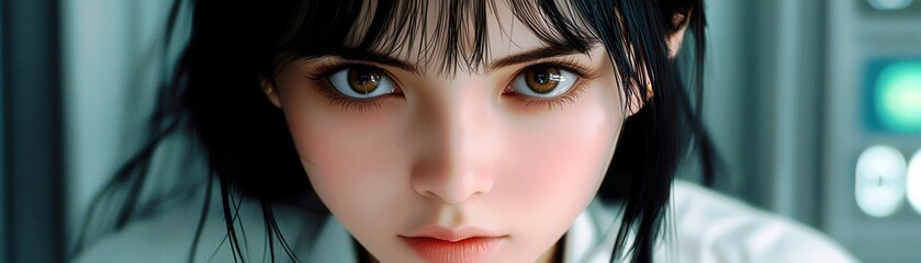 Fototapeta premium Intense Portrait of a Young Woman with Dark Hair and Striking Brown Eyes in a Softly Lit, Modern Background