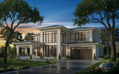 Obraz premium beautiful modern-style two-story white villa with large windows, a garage, and a beautiful outdoor garden surrounded by large trees. The villa is set against a backdrop of a blue sky at sunset.