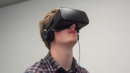 Young man wearing VR headset, experiencing virtual reality.