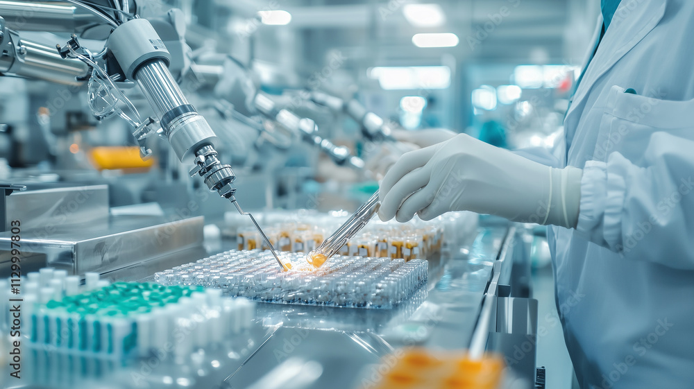 Poster Robotic arms in laboratory setting are precisely handling test tubes, showcasing advanced automation in scientific research. environment is clean and highly controlled