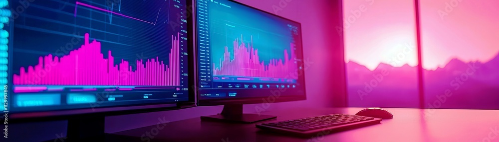 Poster futuristic digital workspace with colorful graphs and data visualization in an urban setting at sunr