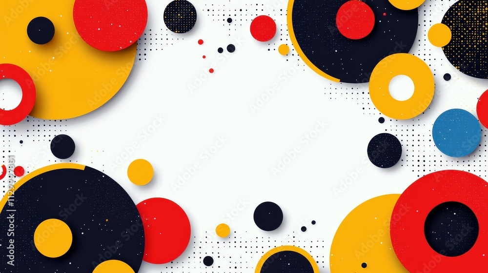 Poster colorful geometric shapes with a dynamic composition of circles and dots on a bright background idea