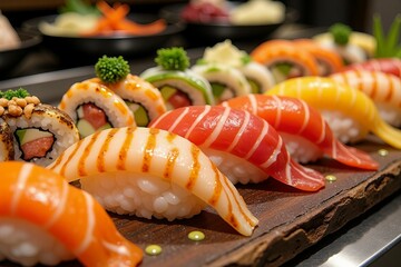 Assorted Sushi Platter Featuring Various Fish and Rice Rolls