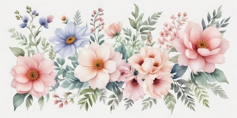Dreamy watercolor floral clipart set on a calm white background, watercolor, design, abstract, background, dreamy