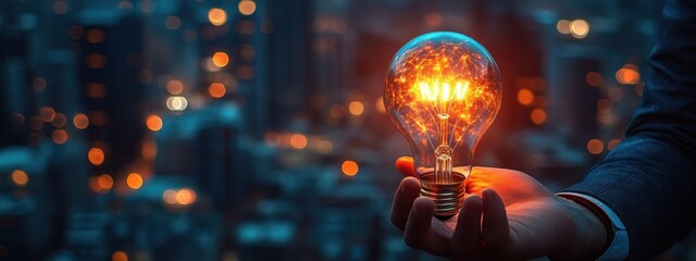 Businessman Holding Creative Light Bulb in Futuristic City Emphasizing Compliance Regulations and Ethical Practices