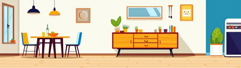 Modern Stylish Dining Room Interior with Wooden Furniture, Colorful Chairs, Potted Plants and Bright Decor Elements in a Cozy Atmosphere for Home Living