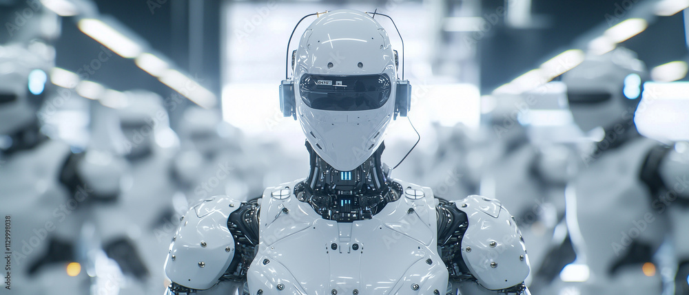 Poster futuristic robot stands in high tech facility, surrounded by identical machines, showcasing advanced