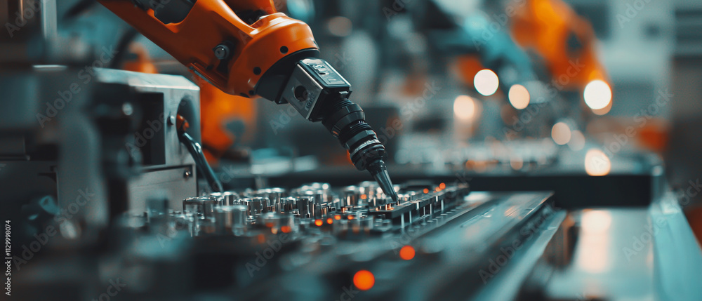 Poster Robotic arms in factory setting work on assembly line, showcasing advanced automation technology. image highlights precision engineering and industrial efficiency