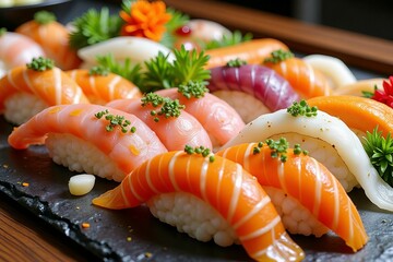 Assorted Colorful Sushi Pieces Arranged on a Slate Plate