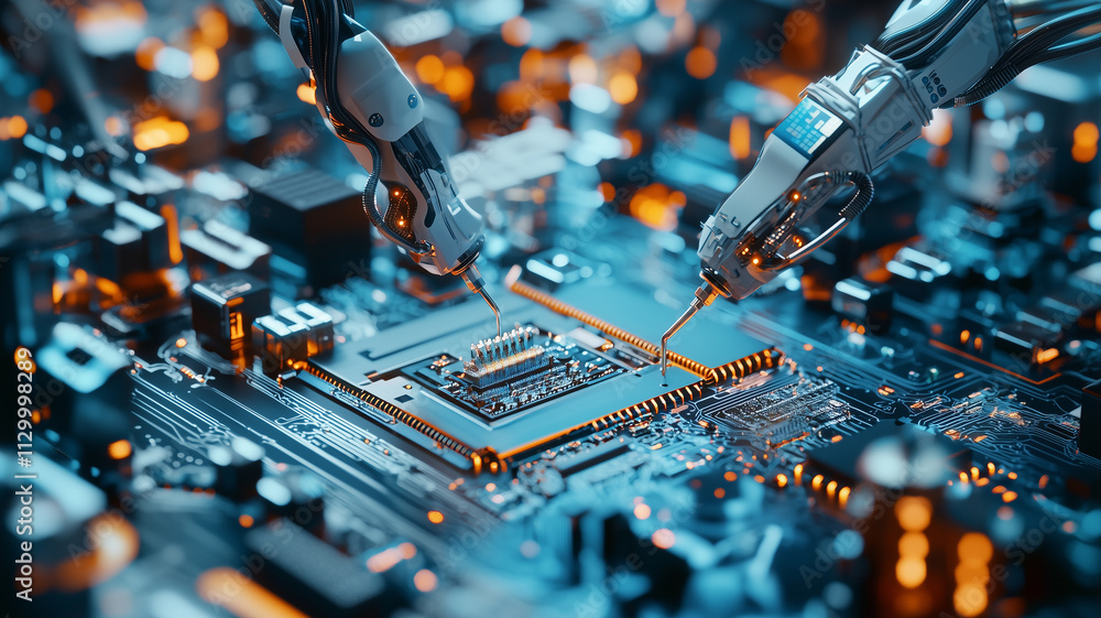 Poster Robotic arms precisely assembling microchip on circuit board, showcasing advanced technology and automation in electronics manufacturing