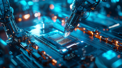 Robotic arms precisely assembling microchip on circuit board, showcasing advanced technology and automation in electronics manufacturing