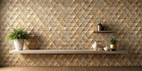 Obraz premium Modern interior design featuring a geometric triangular tile wall with decorative shelves and potted plants