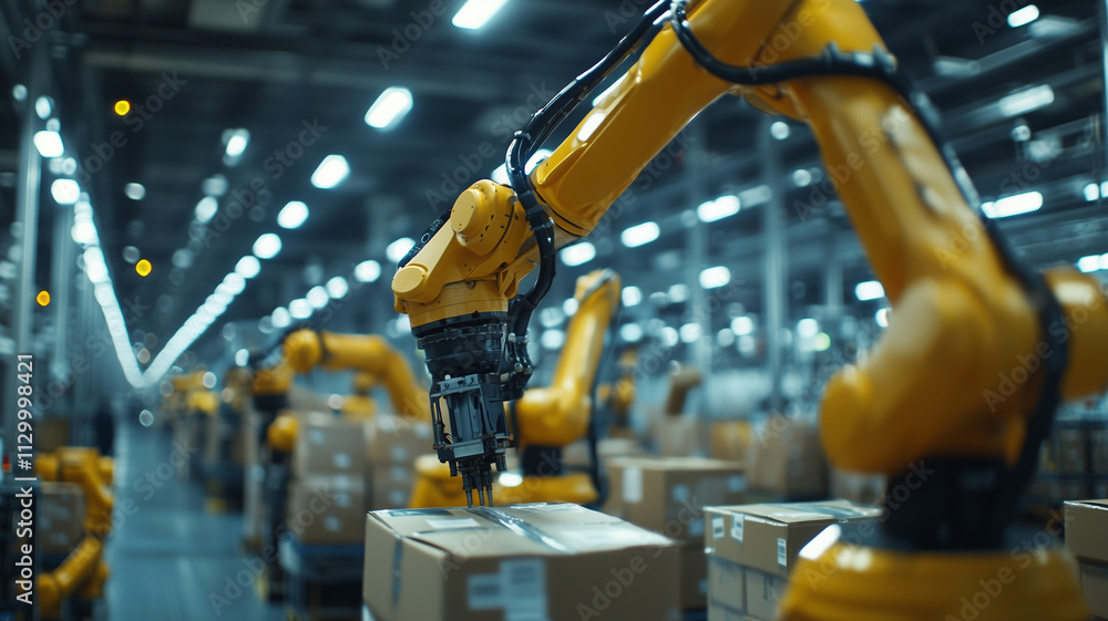 Poster robotic arms efficiently stack boxes in large, illuminated warehouse, showcasing advanced automation