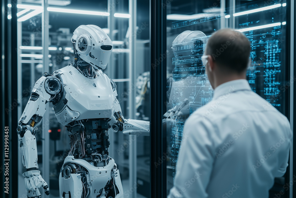 Poster man in white shirt observes humanoid robot in high tech laboratory, surrounded by digital screens displaying data. scene highlights advanced robotics and futuristic technology