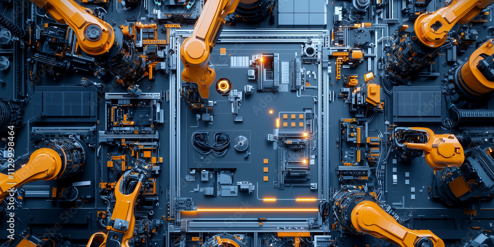 Poster Robotic arms working on circuit board in high tech factory setting, showcasing advanced automation and precision engineering. scene is illuminated with futuristic glow