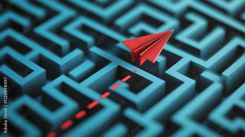 Poster a red paper airplane navigates a blue maze, symbolizing problem-solving and finding a path through c