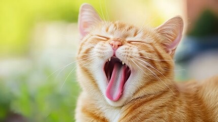 Fototapeta premium Orange Cat Mid-Yawn in Sunlit Green Garden with Cheerful Atmosphere
