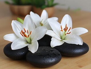 White lilies rest gently on smooth dark stones