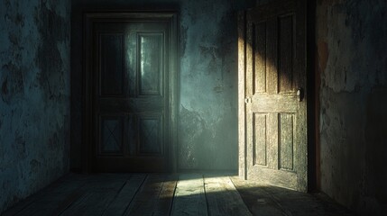 Obraz premium Open Door vs. Locked Door One door wide open with light streaming out, another closed and padlocked in darkness 