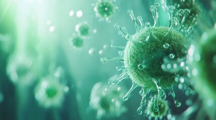 Microscopic Virus Particle Green, Spiked, Cellular, Infectious, Pandemic, Contagion, Disease, Outbre