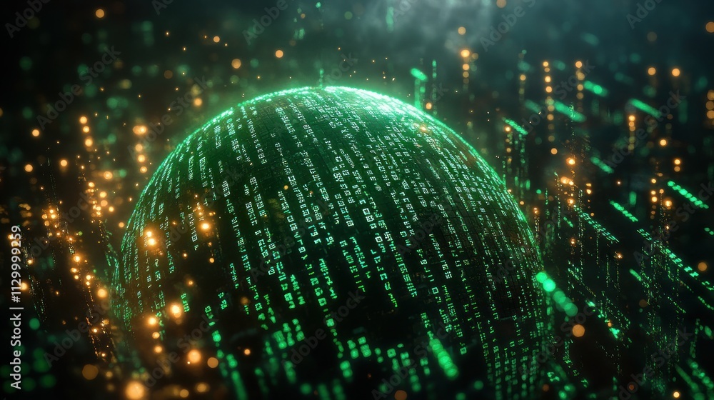 Poster spinning globe of green binary code with neon lights representing global connectivity and technology