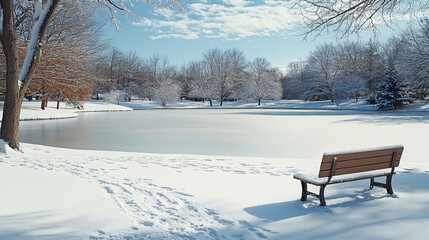 Snowy Winter Park Bench by Frozen Lake
