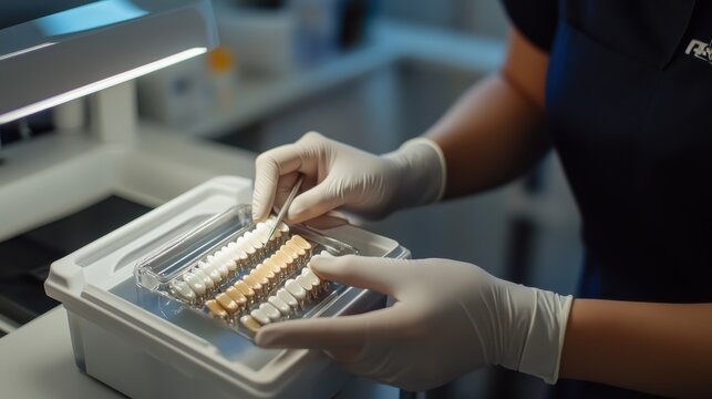 Dental Technician Selecting Shade Guide Teeth Crowns Prosthesis