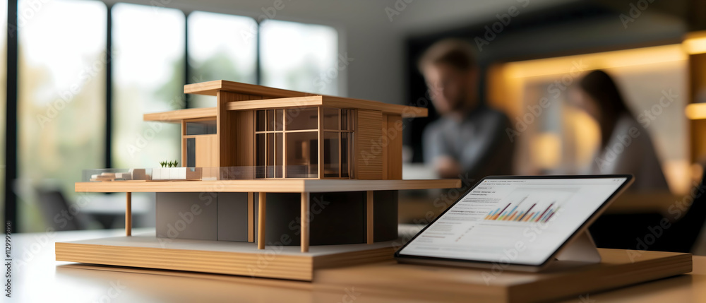 Poster a modern architectural model displayed with a digital tablet, highlighting design concepts in a cont