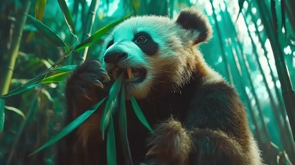 Obraz premium Panda Bear Eating Bamboo Shoots In Forest