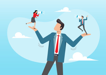 businessman manager or boss listening to employees shouting on both his hands