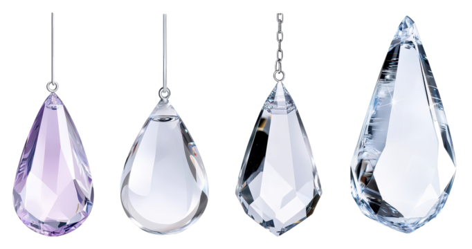 Four elegant crystal droplets showcasing various shapes and colors, reflecting light in a captivating manner.