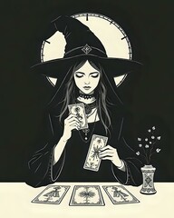 illustration d'une jeune femme habillée dans une tenue de sorcière qui fait de la voyance et un rituel de sorcier