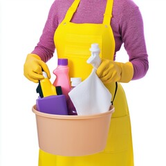 Professional Housekeeper Janitor Holding Cleaning Supplies Bucket Gloves Sanitary Sanitation