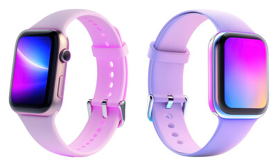 Two stylish smartwatches with vibrant displays and pastel-colored bands, showcasing modern design and technology.