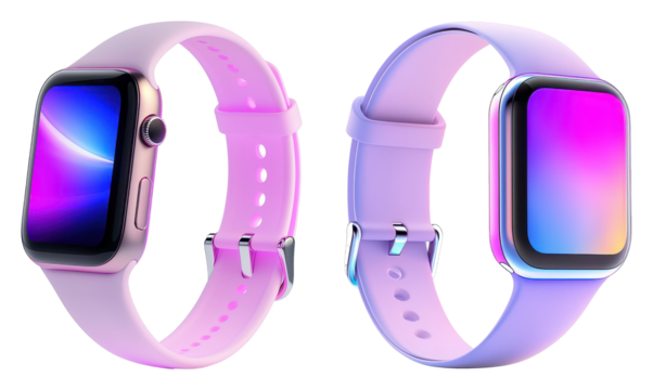 Two stylish smartwatches with vibrant displays and pastel-colored bands, showcasing modern design and technology.