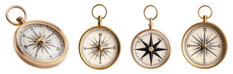 A collection of vintage compasses featuring intricate designs and various needle orientations, showcasing craftsmanship and navigation tools.