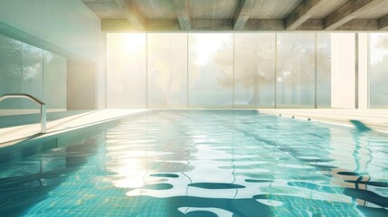 Chic indoor swimming pool with a minimalist design and abundant sunlight from floor-to-ceiling glass panels