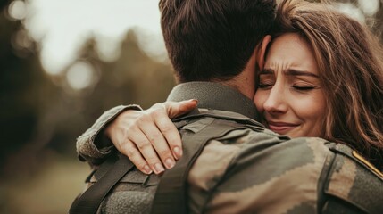 A military spouse hugging their partner in uniform before deployment, with an emotional expression.