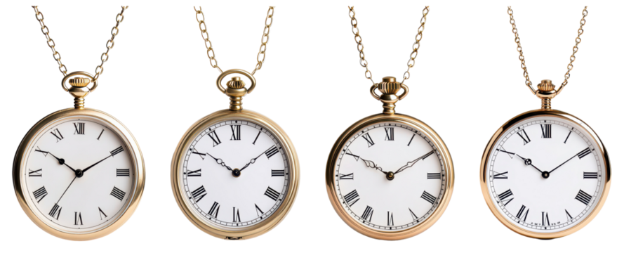Four elegant pocket watches with classic designs, featuring white dials and Roman numerals, showcasing timeless craftsmanship.