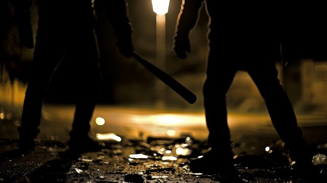 Dark alley at night with two shadowy figures in hoodies facing each other, one holding a baseball bat, tension palpable in the dimly lit urban environment.