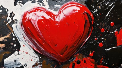 A vibrant close-up painting of a red heart with bold brushstrokes, surrounded by abstract splashes of black and white texture, showcasing a dynamic and expressive artistic style