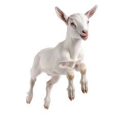 Playful white goat jumping with joy.. transparent background