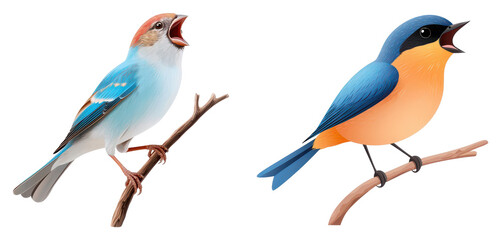 Fototapeta premium Two colorful birds perched on branches, vocalizing with open beaks, showcasing vibrant plumage and distinct features.