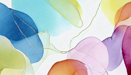 Abstract watercolor shapes in vibrant colors on a light background.
