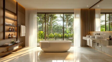 Fototapeta premium 21.Spacious bathroom interior with a modern bathtub next to a big window with sheer curtains, natural light gently filling the room, highlighting clean lines and creating a tranquil, luxurious vibe.